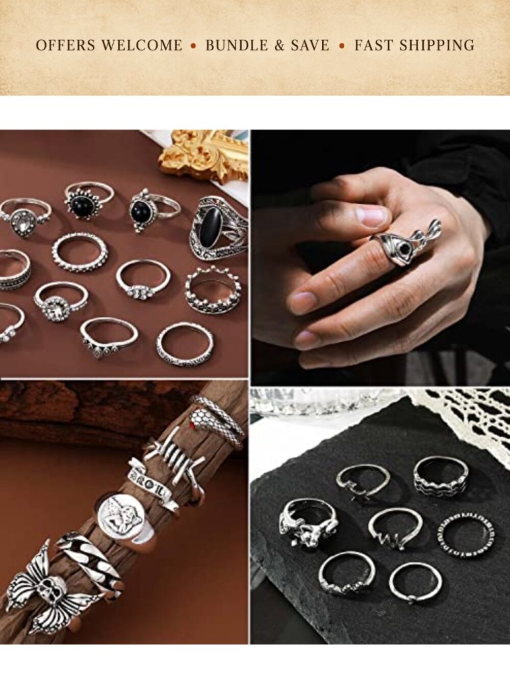 Vintage Silver Knuckle Ring Set Gothic Stackable Rings - Picture 3 of 6